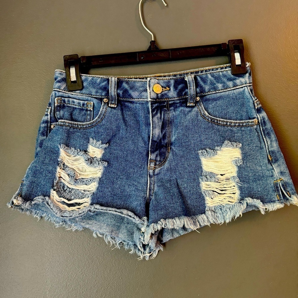 Pac Sun High Rise Festival Ripped Short Denim Jean Shirts. Size 24.